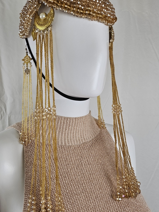 Hand Maid Gold Beaded Headpiece with Dangle Tassels